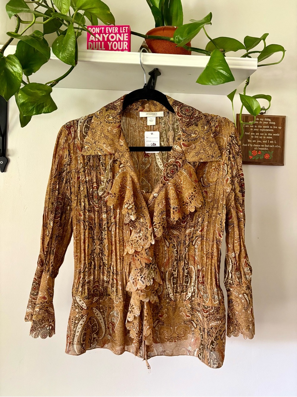 dressbarn Brown Paisley Ruffle-Front Blouse